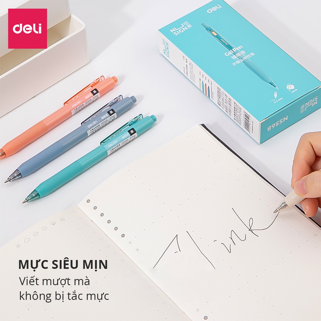 Bút bi gel bấm mực đen cao cấp Deli 0,5mm học sinh văn phòng, ngòi viết trơn tru mực ra đều, nhiều màu sắc