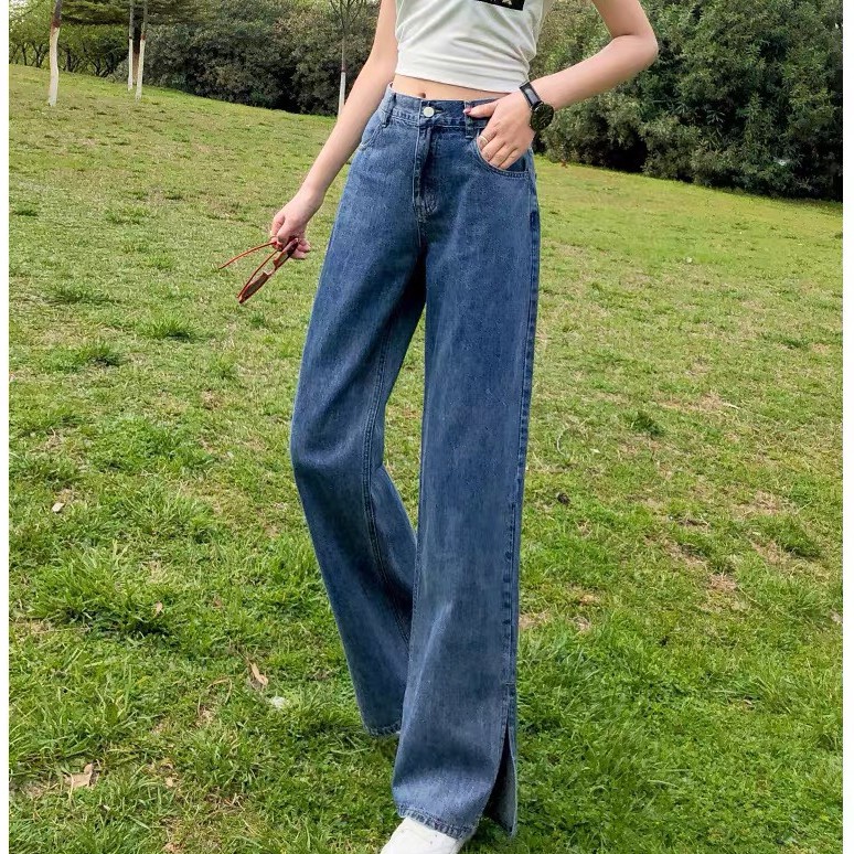 Quần Jeans Cạp Cao Ống Rộng Xẻ Gấu_j6