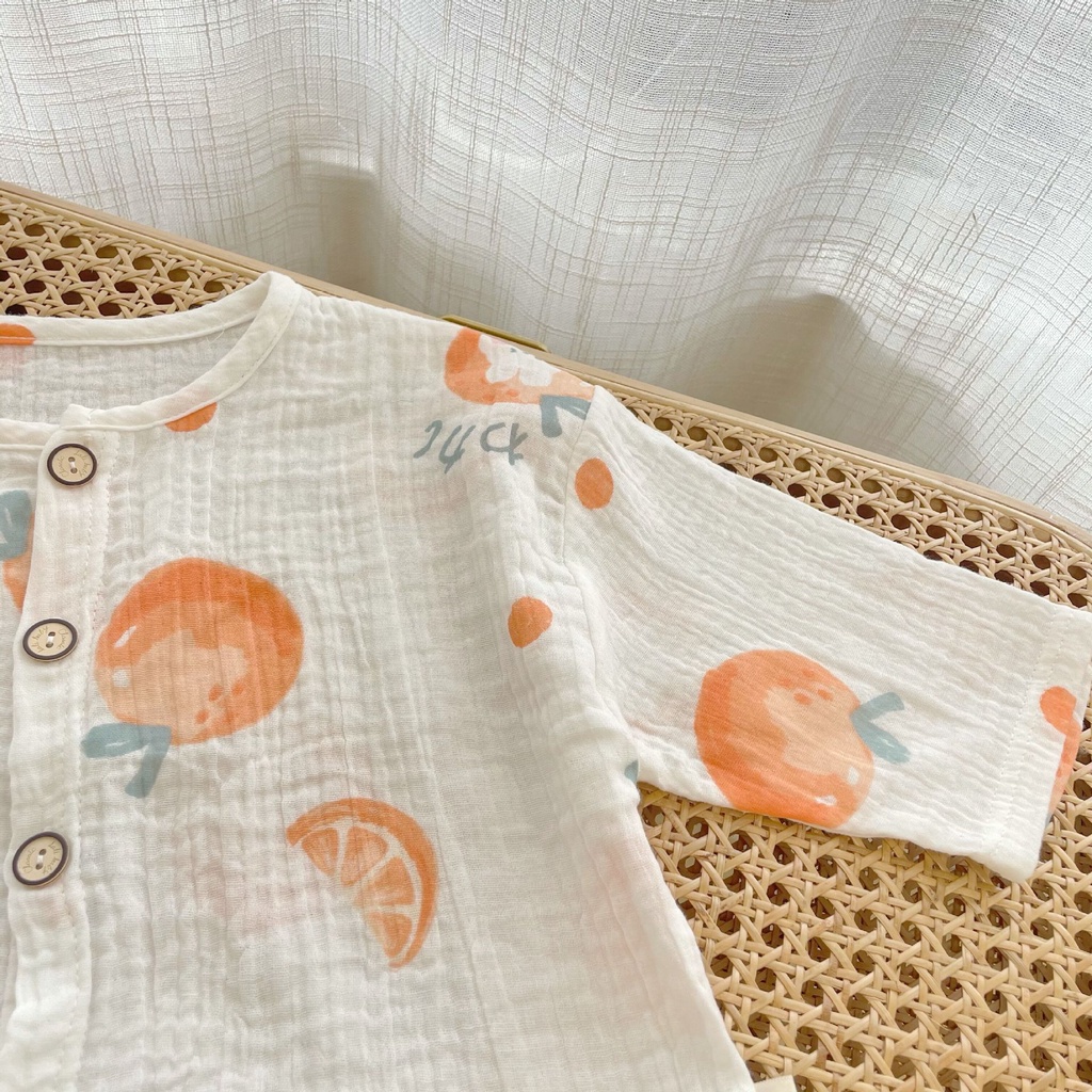 Set quần áo sơ sinh vải xô Muslin tay lỡ hình quả cam dễ thương, Đồ bộ bé trai và bé gái dài tay mềm mịn thoáng mát