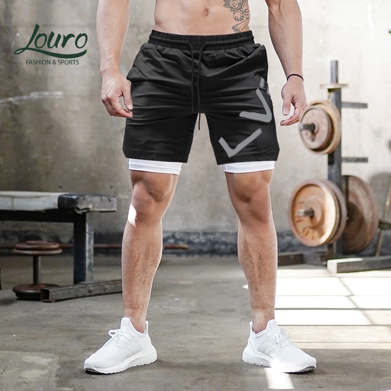 Quần áo tập gym nam Louro, kiểu áo ba lỗ nam và quần đùi 2 lớp, chất liệu cotton thun lạnh co giãn 4 chiều - SE200