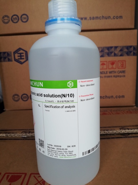 Dung dịch chuẩn độ 0.1mol/L Hydrochloric aci.d N/10 HCl 0.1N Samchun Hàn Quốc chai 1 lít H0416 dung dịch chuẩn