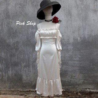 Pick Shop - Ảnh thật - Đầm lụa trắng dài tay cổ vuông phong cách cổ điển D063