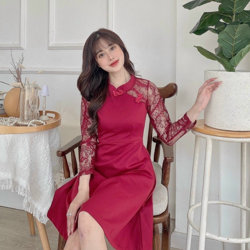 Đầm nữ dự tiệc trẻ trung dịp lễ tết sắc đỏ đen dài tay ren rực rỡ
