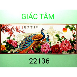 Tranh thêu CON CÔNG BÔNG HOA MẪU ĐƠN CÂY ĐÀO CHÙA THÁP KHỔNG TƯỚC CHỮ - 60x90cm - 22136 - tranh thêu chữ thập chưa thêu