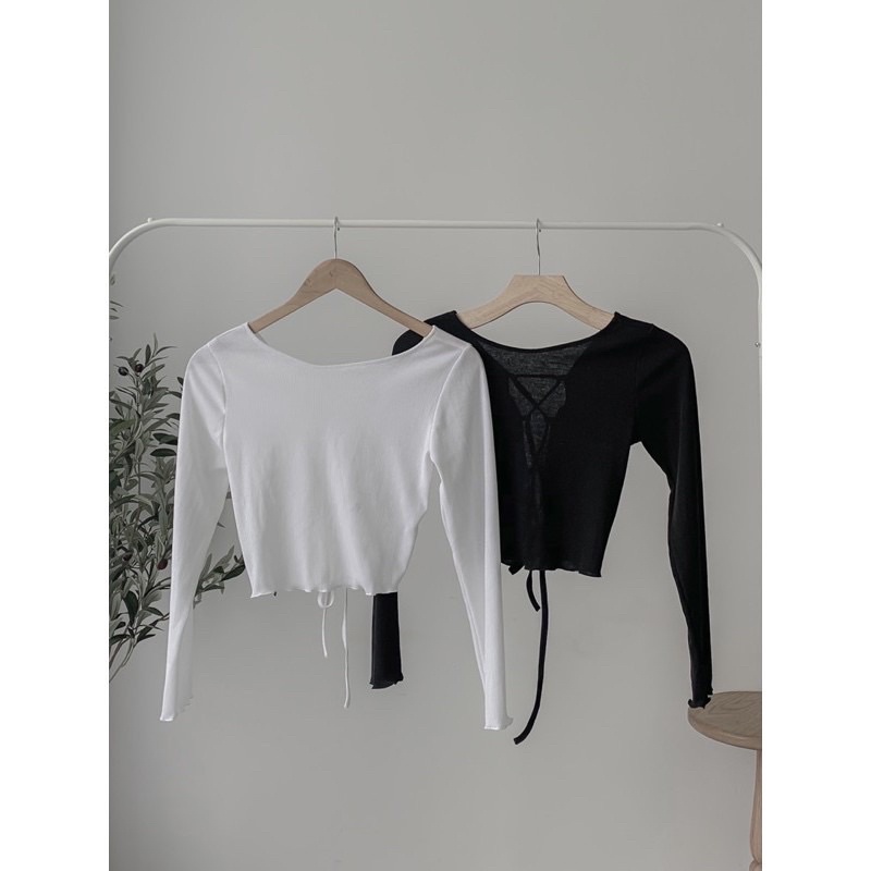 Áo croptop tay dài thun đan dây sau lưng