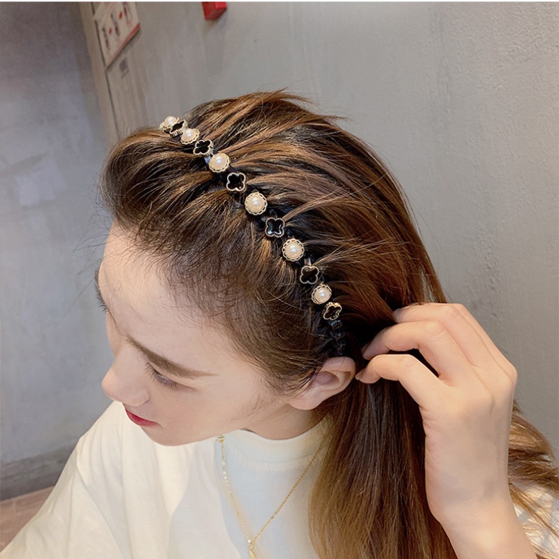 Băng Đô Cài Tóc Hình Cỏ Bốn Lá Đính Hạt Ngọc Trai Thanh Lịch Phong Cách vintage Hàn Quốc