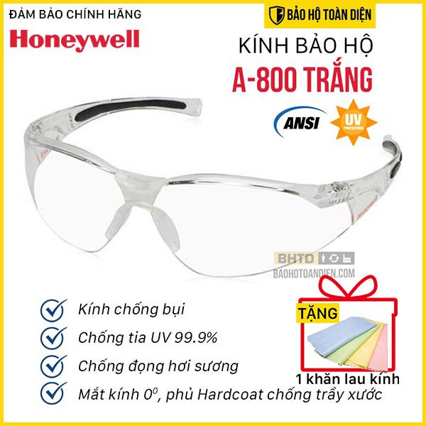 (CHÍNH HÃNG)[TẶNG KHĂN LAU KÍNH] Kính chống bụi Honeywell Sperian A800 trắng.Kính bảo hộ chống bụi, chống tia UV