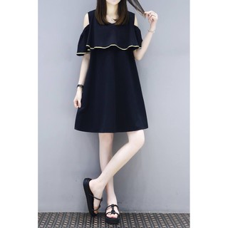 Váy bầu xanh than hở vai dáng xuông