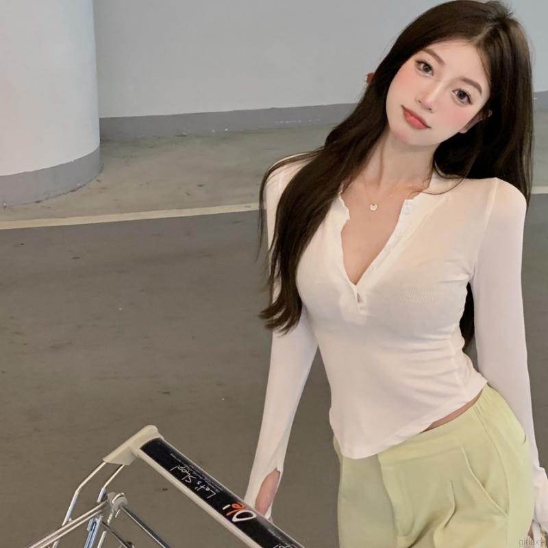Áo thun tay dài cổ chữ V màu sắc đơn giản phong cách Hàn Quốc cho nữ