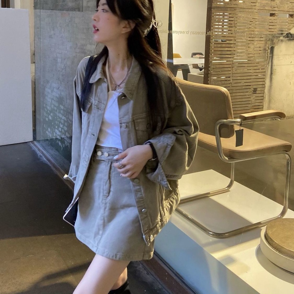 Set Áo Khoác Denim Và Chân Váy Denim Thời Trang Dành Cho Nữ
