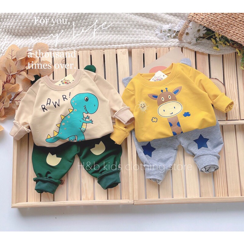 Bộ Đồ Nỉ Da Cá Thu Đông Hoạ Tiết Khủng Long, Hươu, Ngựa Cho Bé Trai, Bé Gái - 3 màu