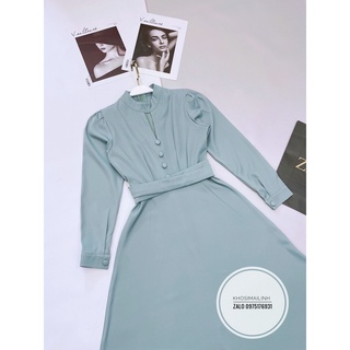 ✨BÁN SỈ✨Đầm xanh mint cúc bọc đai liền