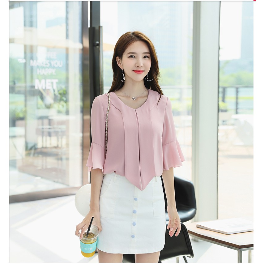 Áo sơ mi nữ GIÁ SỈ kiểu cổ bèo bản lớn tay lỡ loe | BigBuy360 - bigbuy360.vn