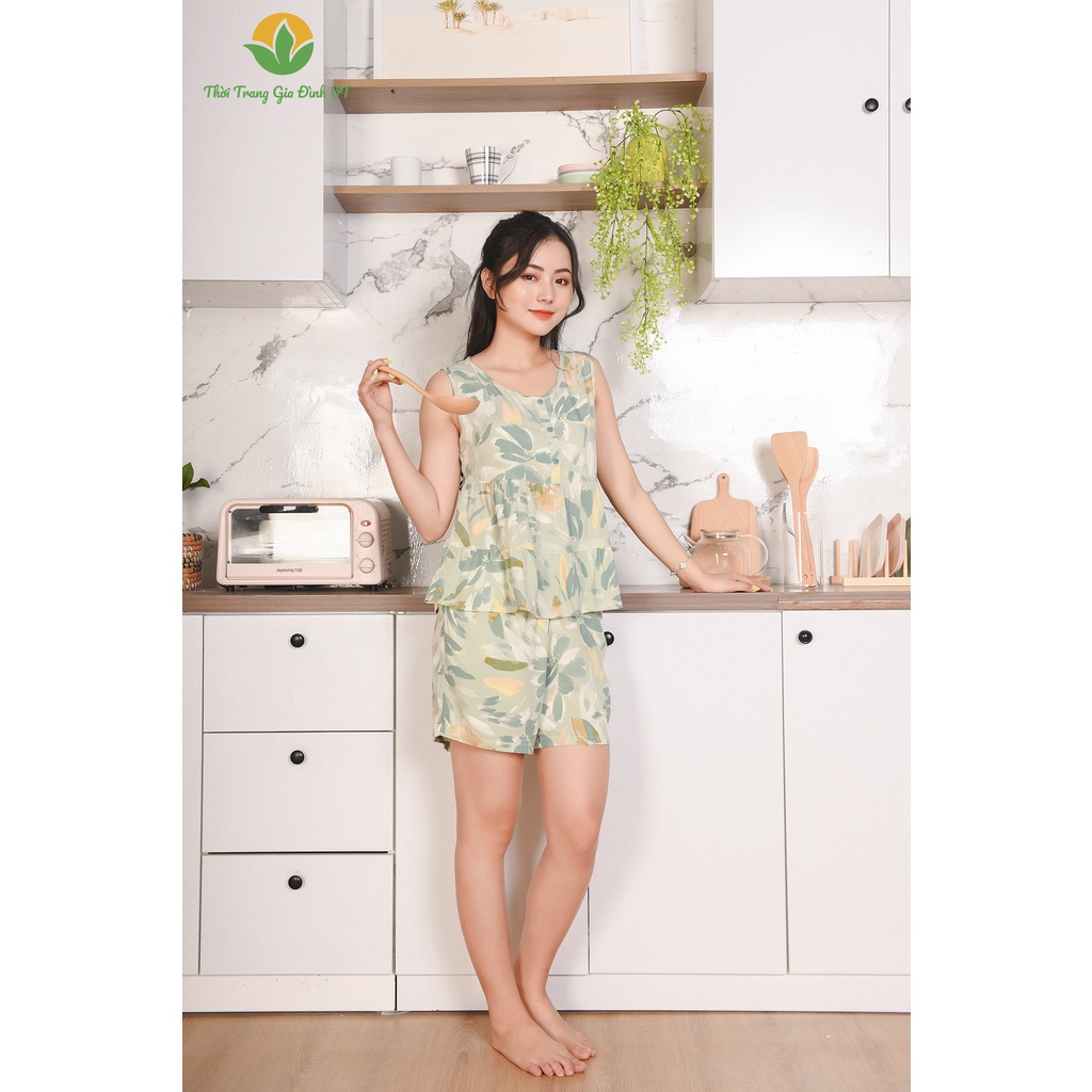 Bộ mặc nhà nữ Việt Thắng, quần đùi, áo sát nách bèo 2 tầng chất lanh B02.2204