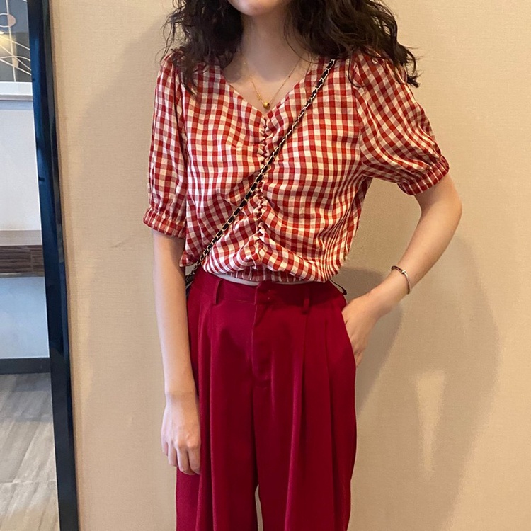 Áo bánh bèo nữ croptop caro kẻ đỏ, xanh, áo kiểu nữ tay phồng rút dây du lịch đi chơi Hàn Quốc