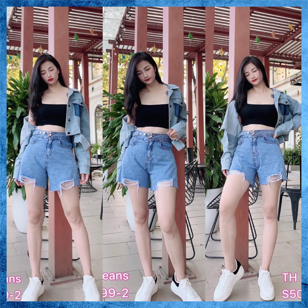 Quần shorts jeans, quần sooc bò rách lưng cao túi chéo cạp phối đai. Mã S9105