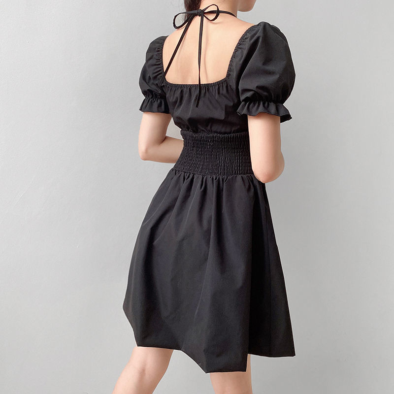 Palace Style Pleated Waist Tight Square Collar Black Dress Cross Lace up Slimming Puff Sleeve Dress Women's High WaistAWord Skirt【3Month18Day After】 | BigBuy360 - bigbuy360.vn