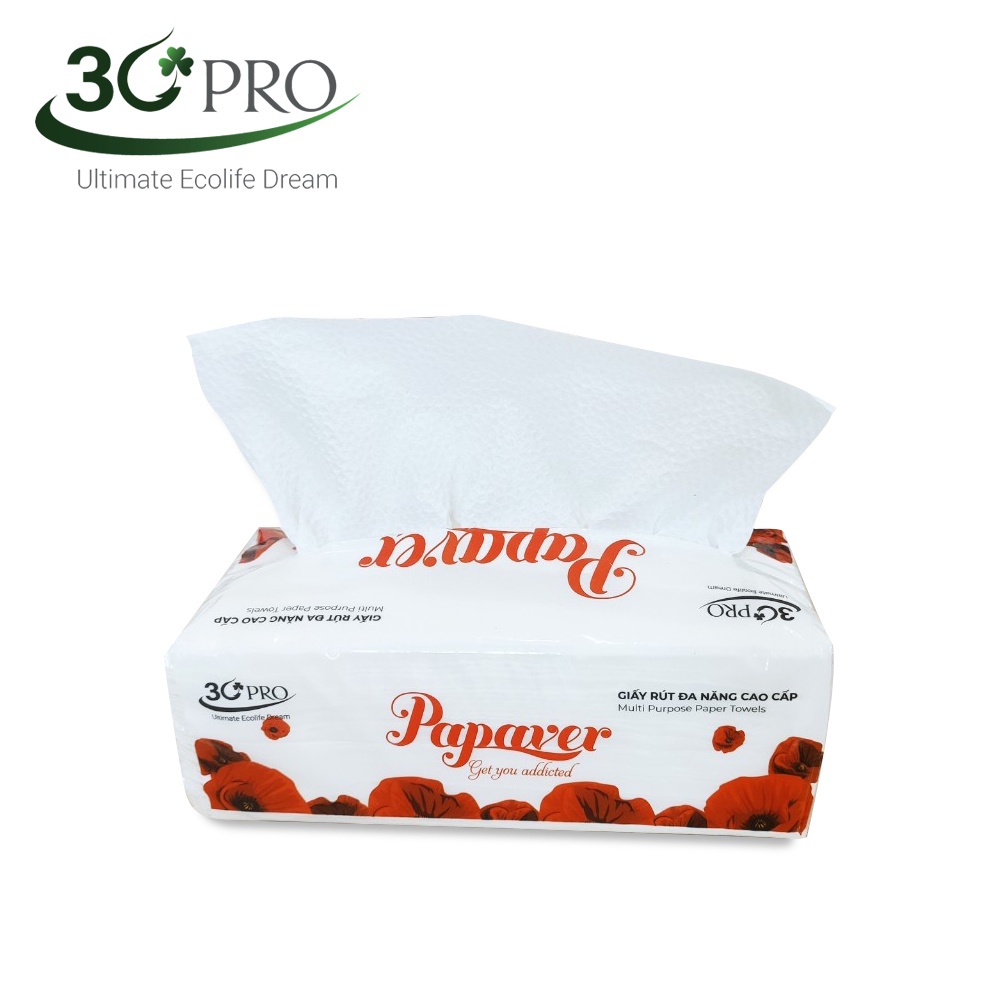 COMBO 10 gói Khăn giấy rút đa năng Papaver, 100% bột giấy nguyên sinh, 200 tờ 2 lớp siêu dai