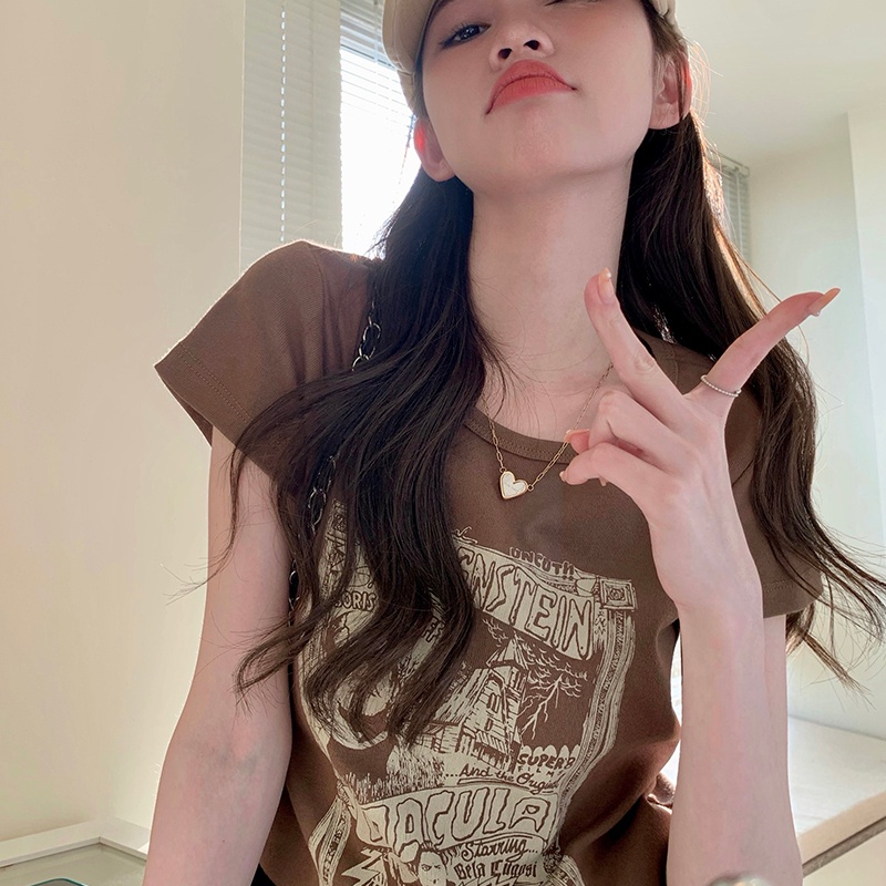 Áo thun SUXI tay ngắn cổ tròn in họa tiết phong cách dạo phố thời trang mùa hè dành cho nữ