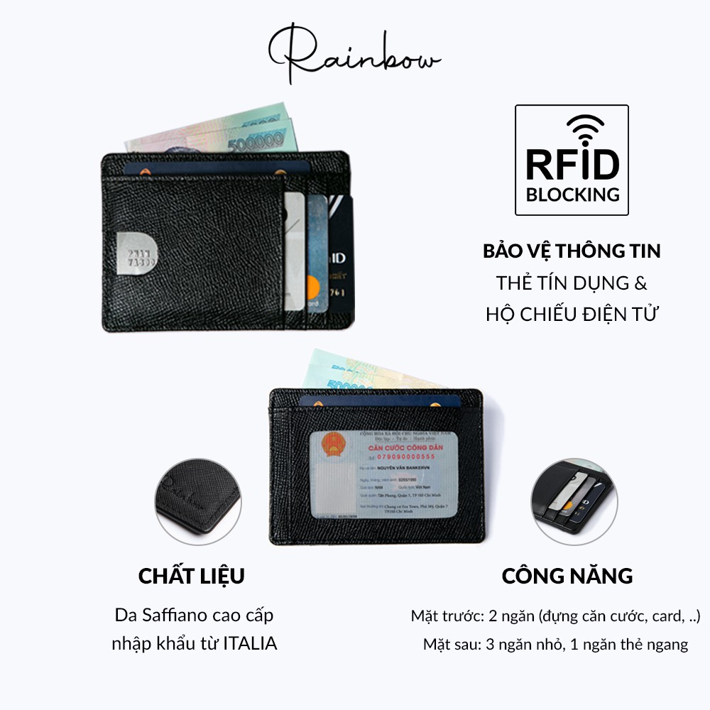 Bảo hành 3 năm - Ví đựng thẻ ATM, ví sen nam đựng card visit, name card, da thật Rainbow CW001 nhiều ngăn siêu mỏng gọn