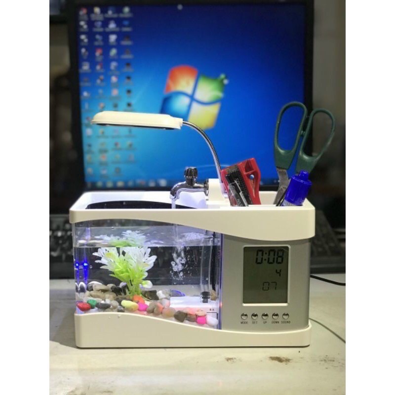 Bể cá mini để bàn kiêm Đồng hồ, Lịch hiển thị đèn led