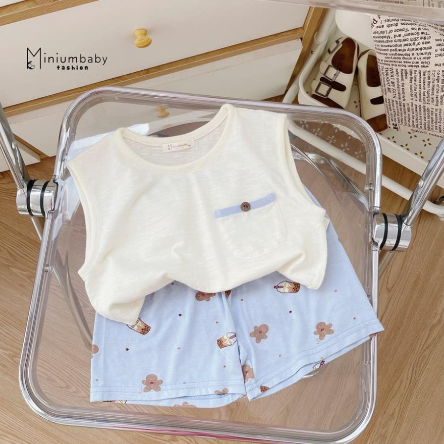 Bộ ba lỗ MiniumBaby cho bé trai, bé gái thêu túi ngực 100% cotton cho bé gái mặc hè thoáng mát, quần áo trẻ em -SB1240