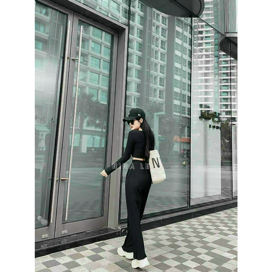 SÉT BỘ MẶC NHÀ ĐI CHƠI CỰC XINH,SÉT ÁO DÀI TAY DÁNG CROPTOP VÀ QUẦN DÀI ỐNG SUÔNG CHẤT THUN GÂN CO GIÃN