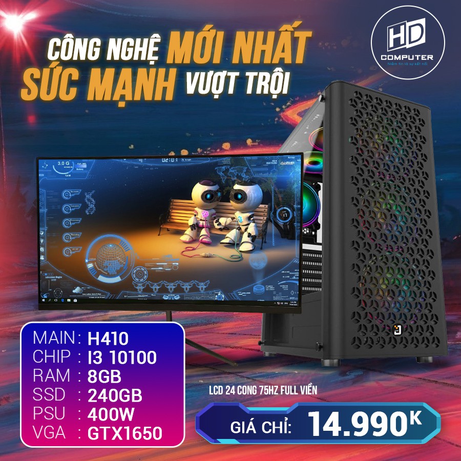 Cấu hình 9 CORE I3 10100 RAM 8G VGA 1650 4G SSD 240G LCD 24 CONG 75HZ