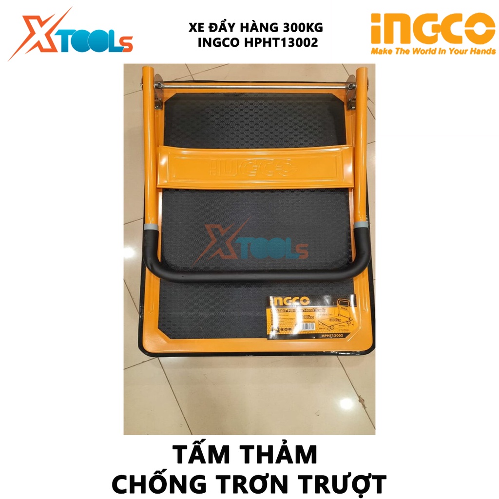 Xe đẩy hàng 4 bánh gấp gọn INGCO HPHT13002 xe đẩy kéo hàng 820x195x907x608mm, Khả năng tải 300 kg, tay cầm thép bền, êm