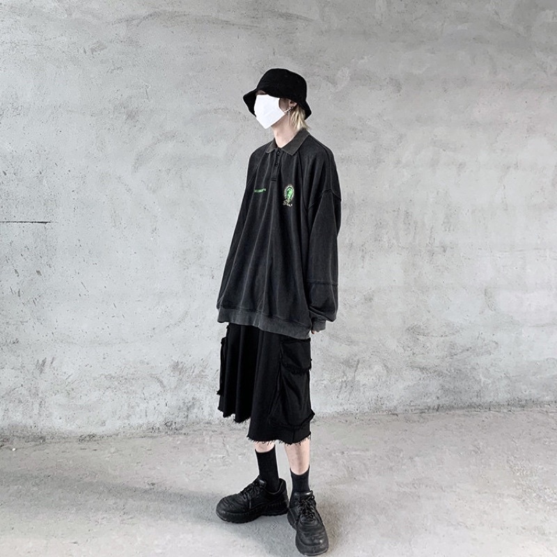 Áo nỉ polo sweater Rockboiz màu đen wash