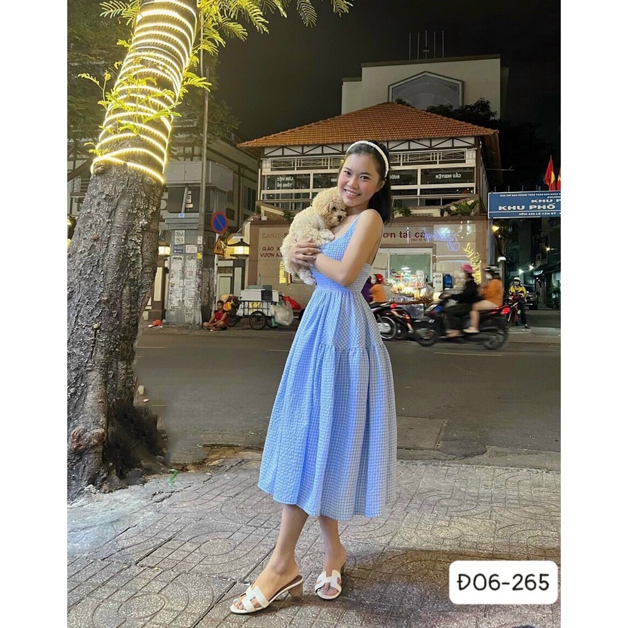 Đầm 2 dây caro dáng xoè Đ06 phong cách trẻ trung, đáng yêu, thích hợp đi chơi, đi cà phê cuối tuần