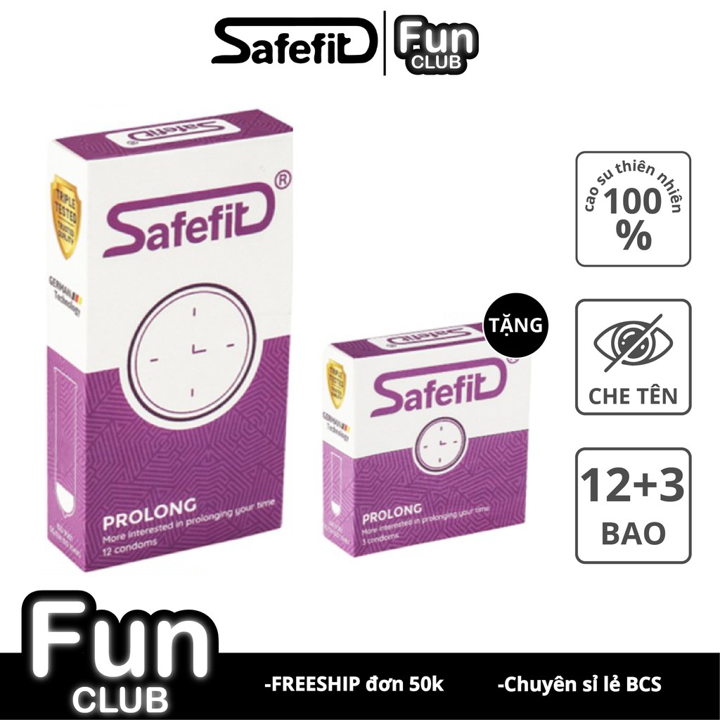 [Cao Cấp] Bao cao su Siêu Kéo dài thời gian Safefit Prolong 7% Benzocain Bộ 15 cái CB003