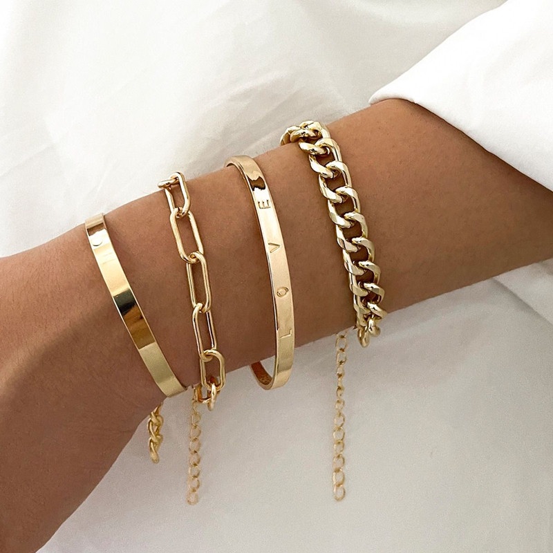 Set 4 Vòng Tay Mạ Vàng Dạng Mắc Xích Đơn Giản Cho Nữ