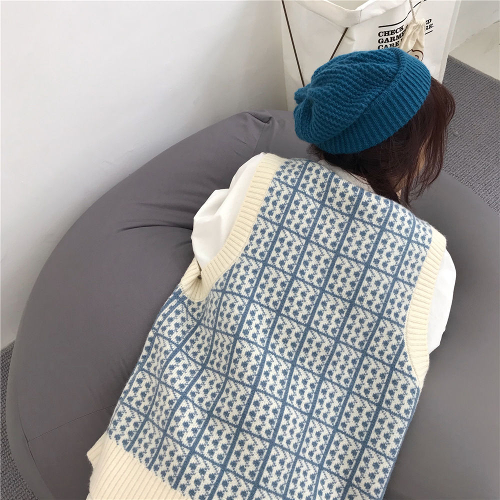 Áo khoác ghi lê dệt kim cổ V sọc caro thời trang Hàn Quốc cho nữ