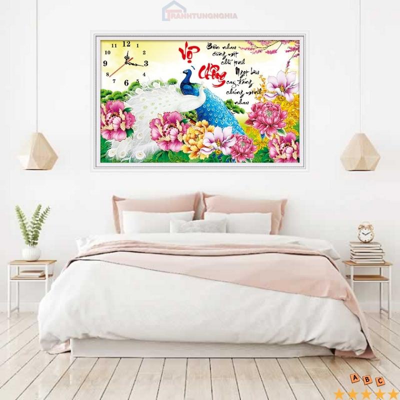 Tranh thêu chữ thập đồng hồ vợ chồng công 59cm x 40cm