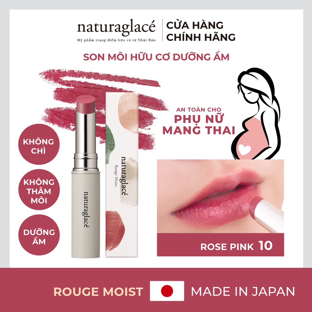 Son môi hữu cơ naturaglacé Rouge Moist bán lì, không chì, dưỡng ẩm, Màu 10 - Rose Pink, 2.3g