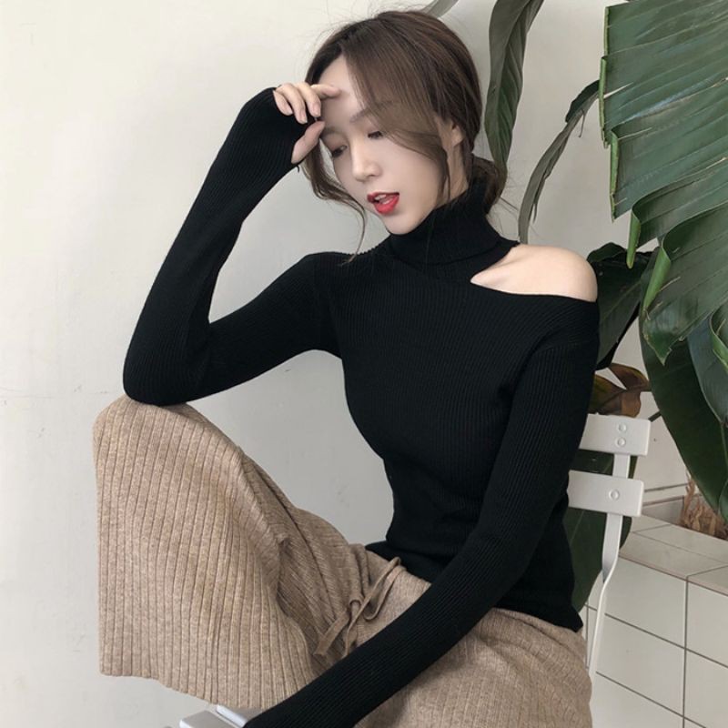 ✨ Áo len tăm body dài tay cut-out lệch vai chocker nữ cá tính sành điệu Ms A92