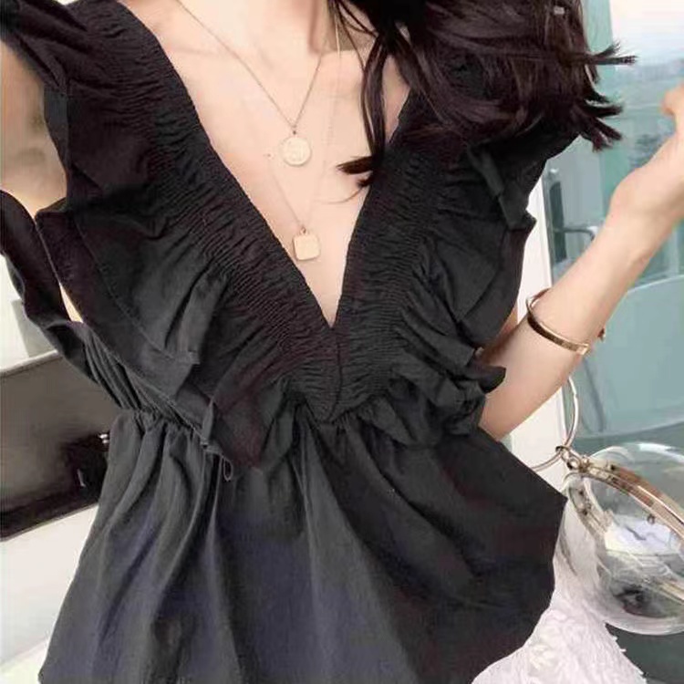 Áo Sơ Mi Tay Bèo Cổ Chữ V Dáng Rộng Phong Cách Hàn Quốc