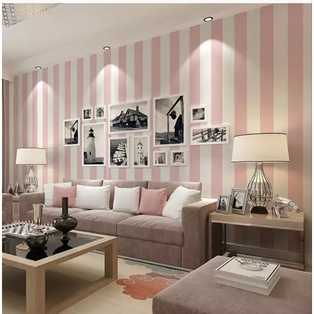 Decal giấy dán tường sọc trắng hồng cam khổ 60cm keo sẵn