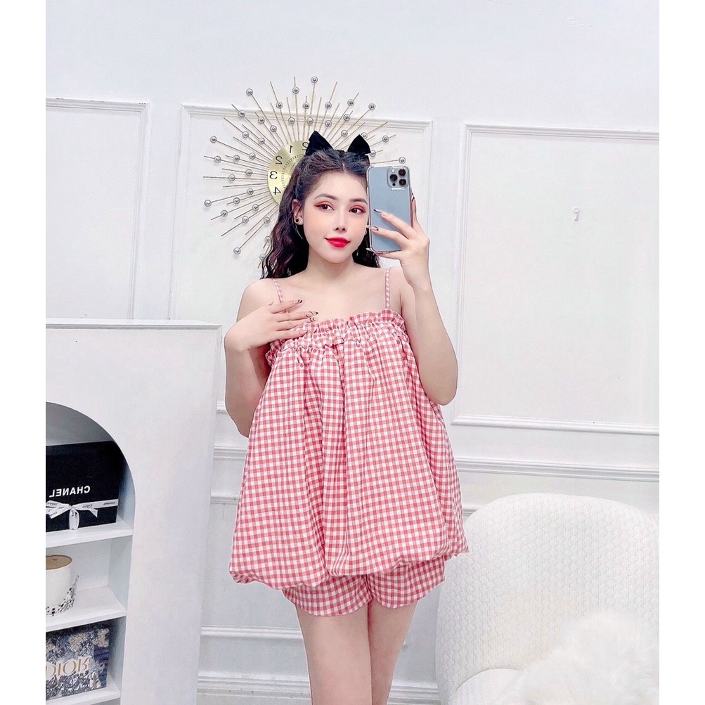 ( MIỄN PHÍ SHIP 2022) Set bộ ngủ nữ áo hai dây, set bộ bí caro nữ ngắn mặc ở nhà, đi chơi dễ thương