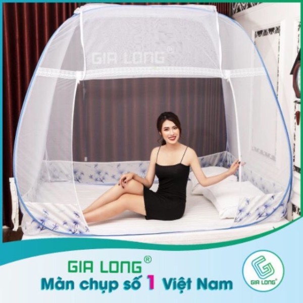 Màn chụp tự bung Gia Long đỉnh vuông màu trắng chân diềm hoa xanh