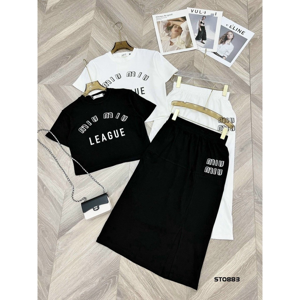 Sét váy thời trang nữ mặc đi chơi cực xinh, sét váy chất thun gân in chữ miumiu cổ tròn tay ngắn mix chân váy dài xẻ tà