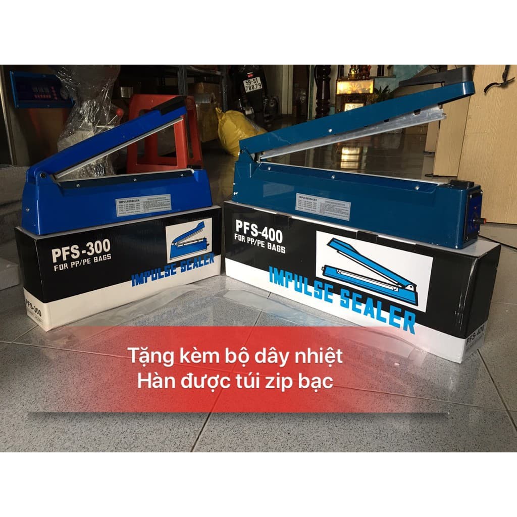 Máy hàn miệng túi, máy ép túi zip bạc pfs400 nhựa  giá rẻ, tặng bộ dây tải nhiệt