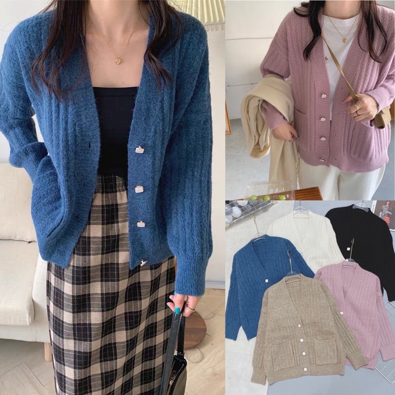 Áo Cardigan Cúc Vuông Phong Cách Hàn Quốc Chất Len Lông Thỏ Mềm Mướt Tay Dày Dặn Cực Xinh