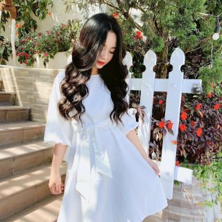 váy trắng basic cổ tròn thắt nơ eo kèm ảnh thật MS12 SẴN SIZE S, M