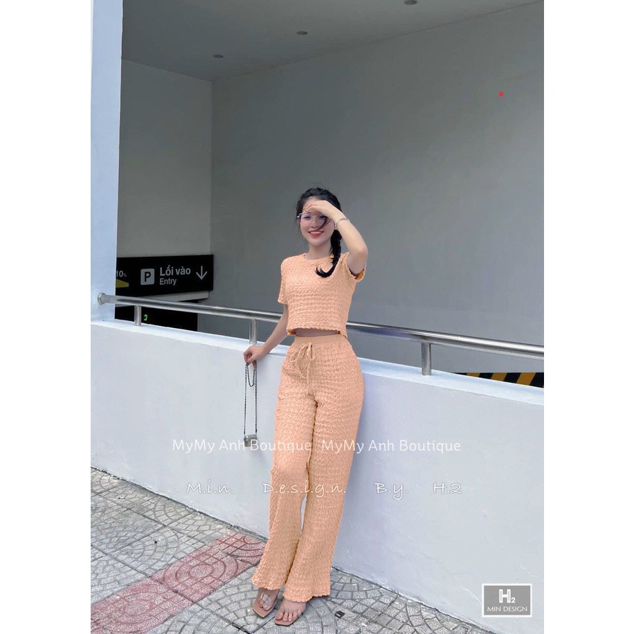 [8.8 Sales Freeship] Set bộ thun xốp trơn màu quần dài, bộ xốp áo croptop quần suông, bộ dài đi chơi dễ thương