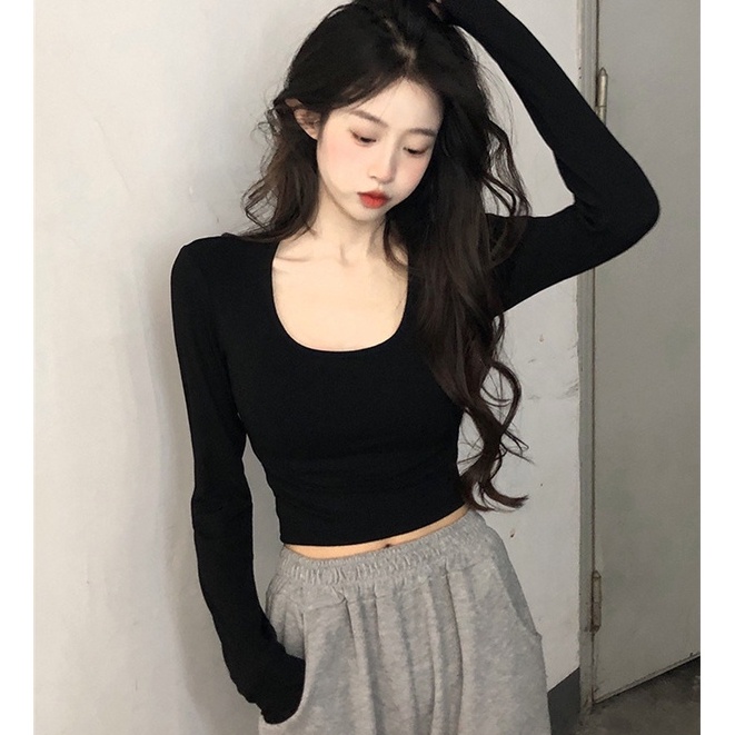 WANG JIAO ZHAN Áo croptop thun tay dài cổ chữ U thời trang nữ