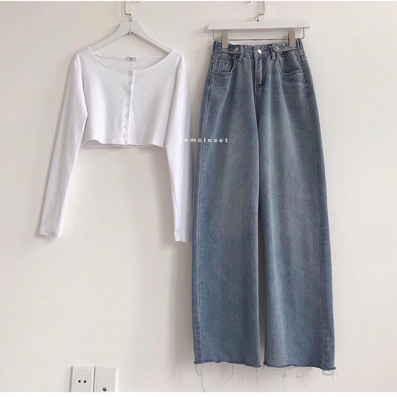 Set Quần baggy tua lai đai nút + crop td gài nút