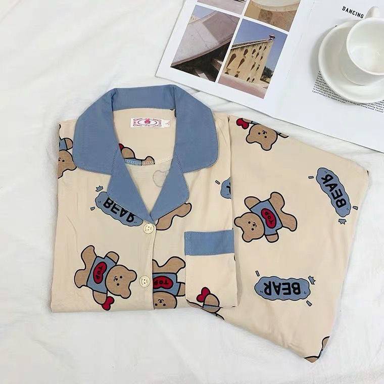 Bộ đồ ngủ ngắn tay họa tiết gấu dễ thương phong cách Hàn Quốc thời trang mùa hè cho nữ
