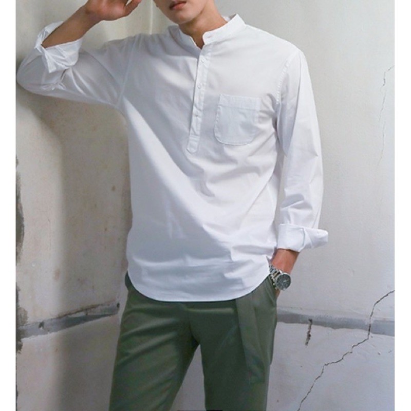 Áo sơ mi nam - Áo sơ mi cổ trụ màu trắng 100% vải cotton